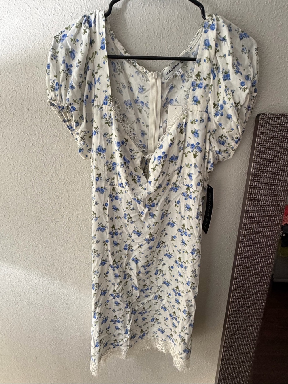 Madden Girl White Floral Midi Dress with Blue Bouquet Print